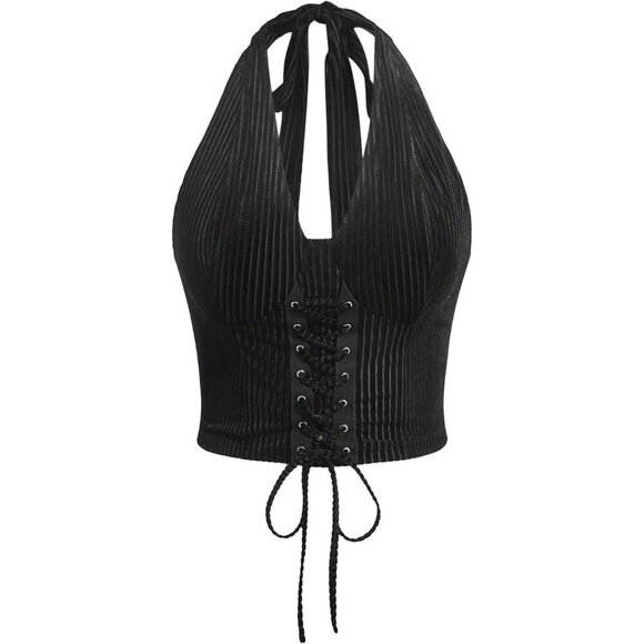 Tops - Women’s Plus Size Crop Top Lace Up Front Halter Open Back Casual Sleeveless